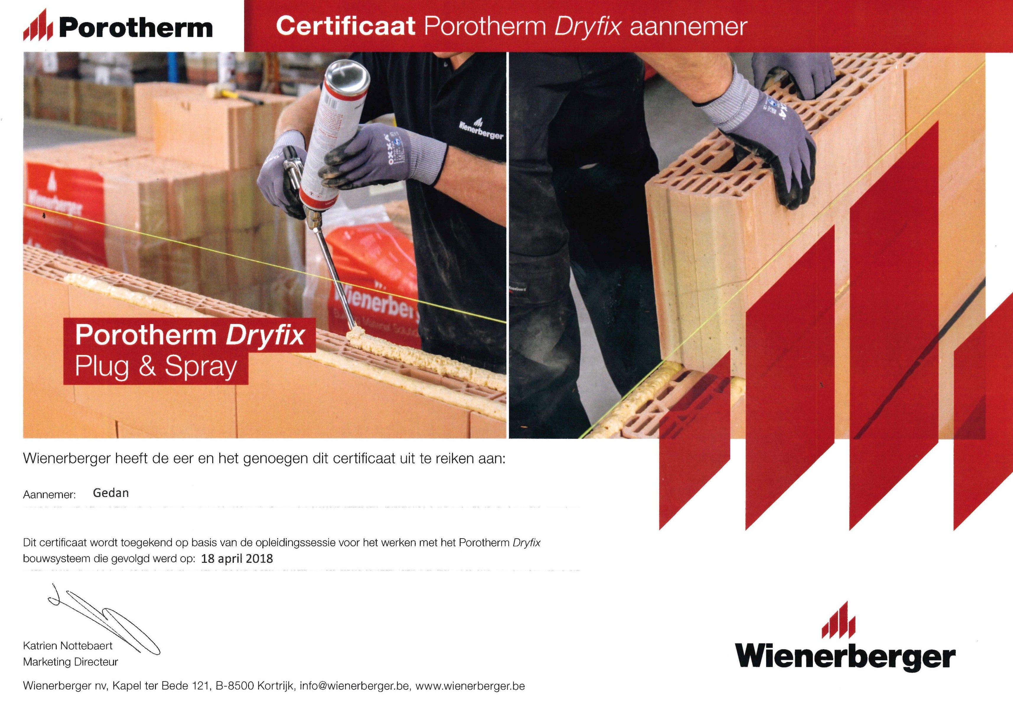 Gedan_Nieuws_Gedan_ontvangt_certificaat_voor_Porotherm_Dryfix_aannemer
